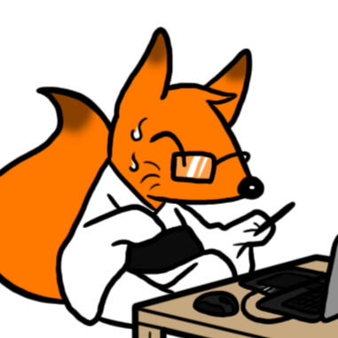 Picture of an anthropomorphic fox in a white yukata, nervously looking at a desk with a pen in hand.